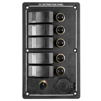 PANEL ELEKTRYCZNY WODOSZCZELNY IP68, 12/24V, 5 ROCKER SWITCH ON-OFF, 2 USB