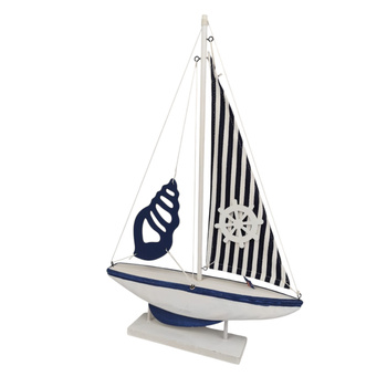 ŻAGLÓWKA DREWNIANA BIAŁA MORSKA NIEBIESKI ŻAGIEL 46CM