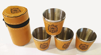 KIELISZEK ŻEGLARSKI METALOWY W SKÓRZANYM ETUI- SET 4 SZTUKI