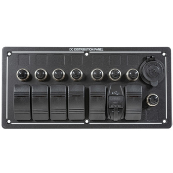 PANEL ELEKTRYCZNY POZIONY WODOSZCZELNY IP68, 12/24V, 6 ROCKER SWITCH LED, 2xUSB, GNIAZDO ZAPALNICZKI