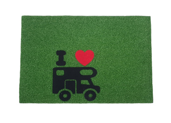 Wycieraczka Campingowa "I Love Camper" 60x40 cm - Zielona imitacja trawy, motyw kampera – antypoślizgowa, zewnętrzna i wewnętrzna
