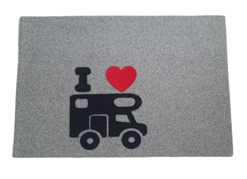 Wycieraczka Campingowa "I Love Camper" 60x40 cm - Szara imitacja trawy, motyw kampera – antypoślizgowa, zewnętrzna i wewnętrzna