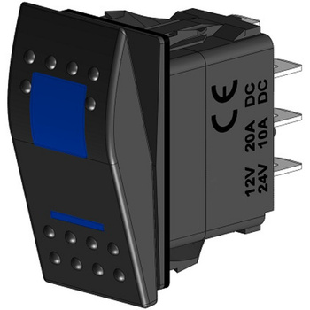 WŁĄCZNIK ROCKER 7 PIN ON-OFF-ON, DPDT, 2LED BLUE, FRONT