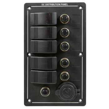 PANEL ELEKTRYCZNY WODOSZCZELNY IP68, 12/24V, 5 ROCKER SWITCH ON-OFF, GNIAZDO ZASILANIA